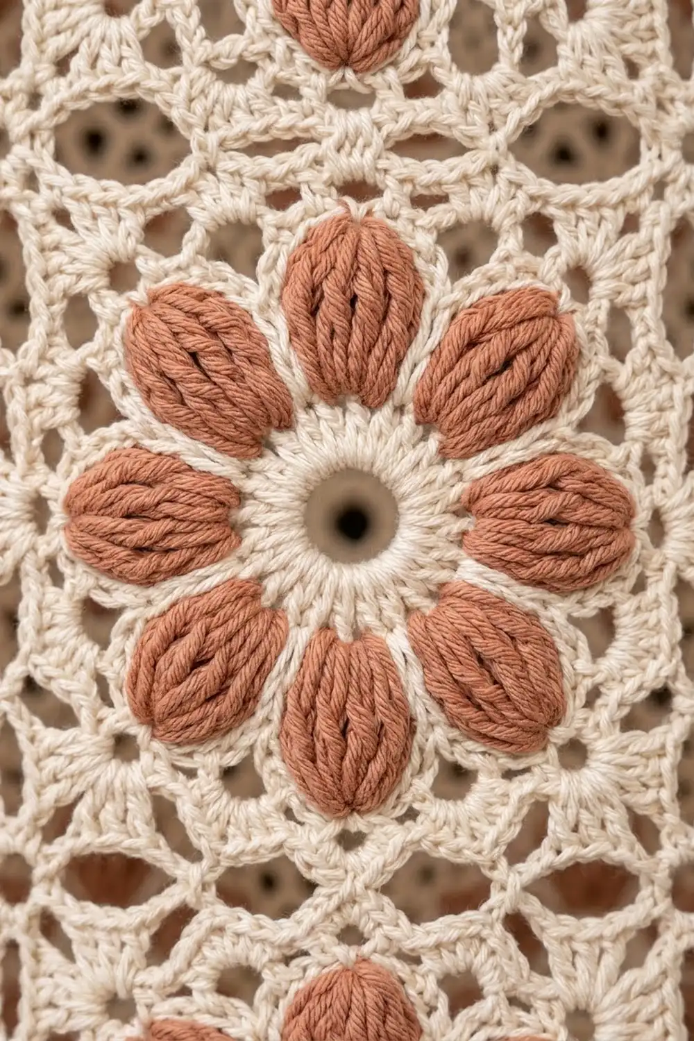 Crocheted lace detail featuring cream openwork stitching and a rusty-rose flower motif with dark center.