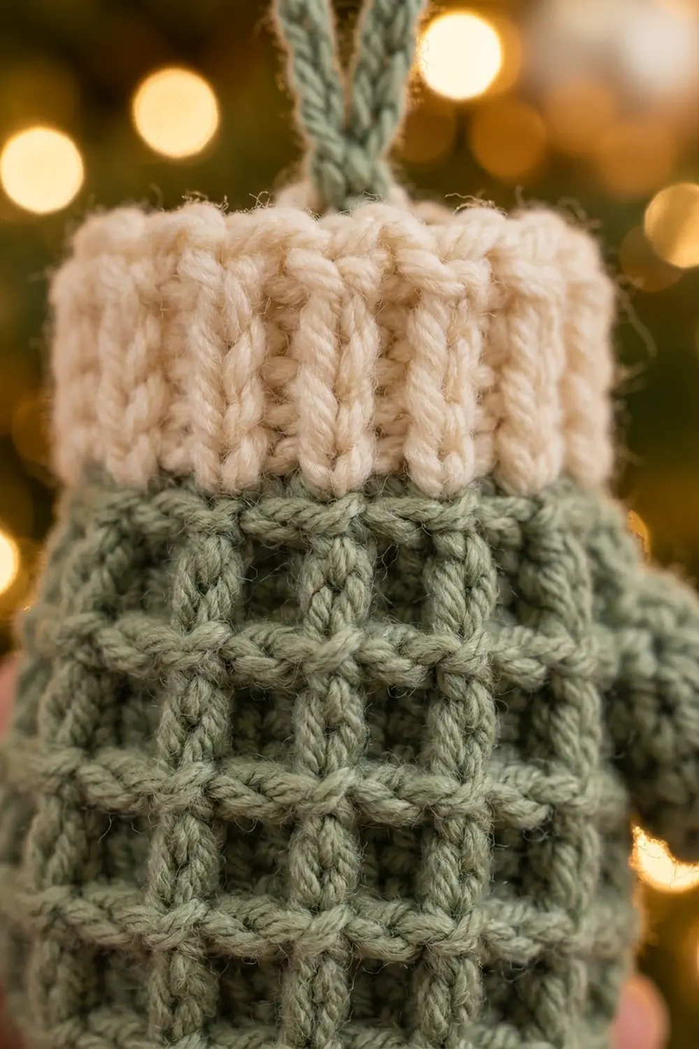 Cream and sage green crochet stitches with rope cord, photographed against soft golden bokeh lights.
