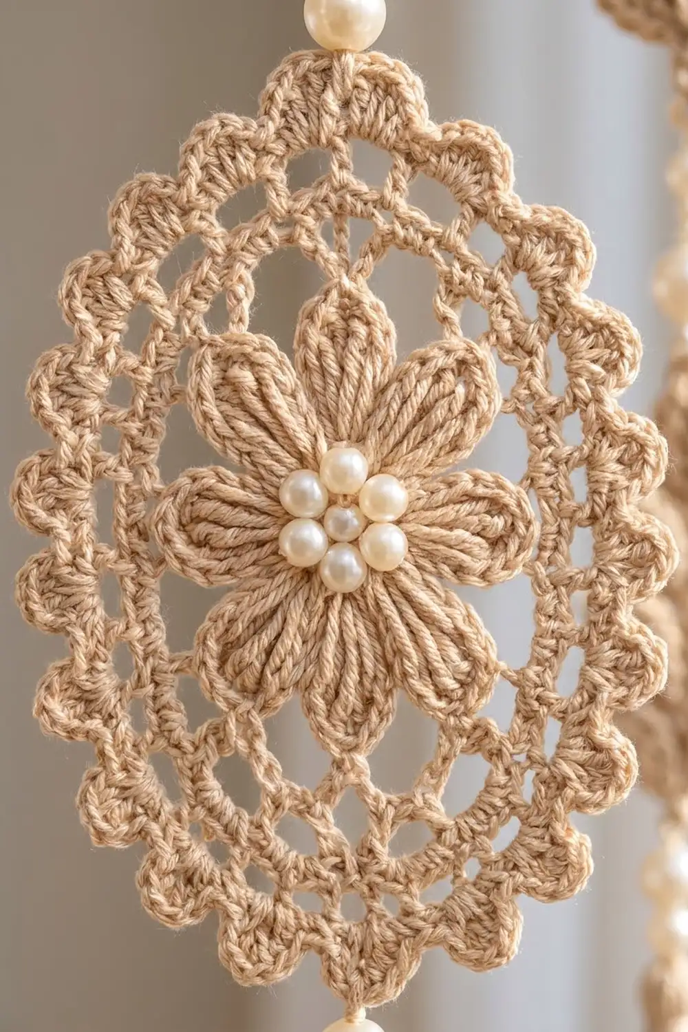 Tan crocheted ornament with openwork pattern, pearl bead center cluster, and hanging pearl, photographed against soft neutral background.