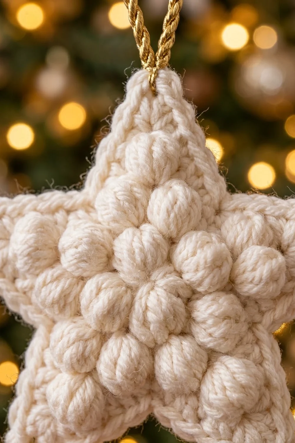 Cream-colored crocheted star ornament with textured bumps, suspended by a twisted gold cord against warm, blurred Christmas lights.