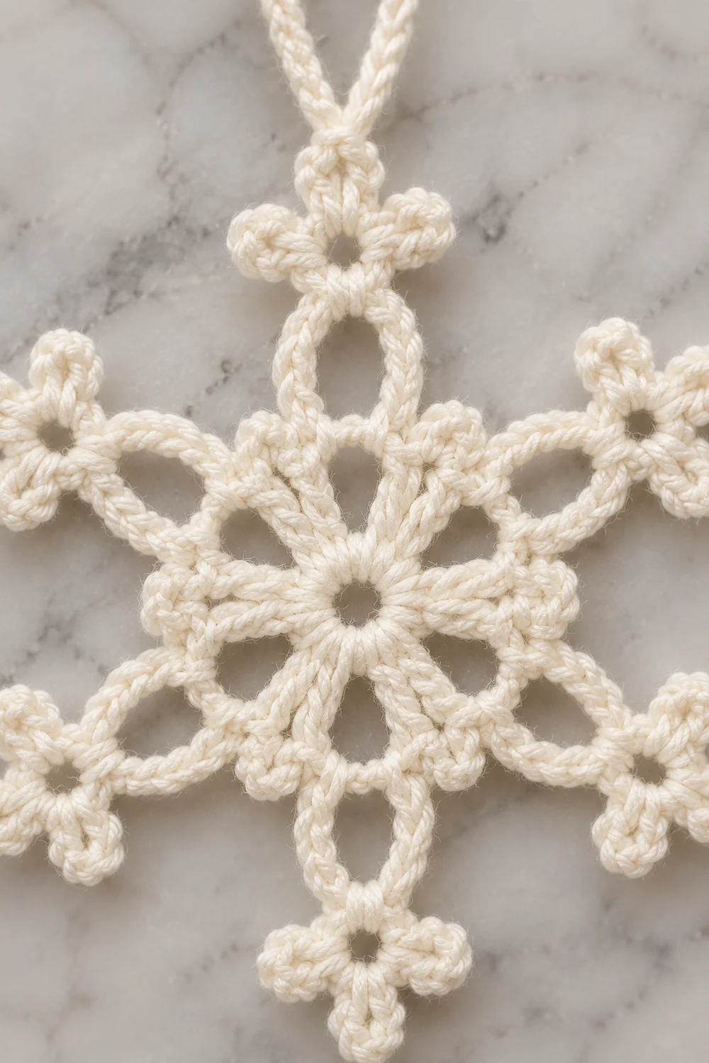 Cream-colored crocheted snowflake ornament with hanging loop displayed on a marble surface.