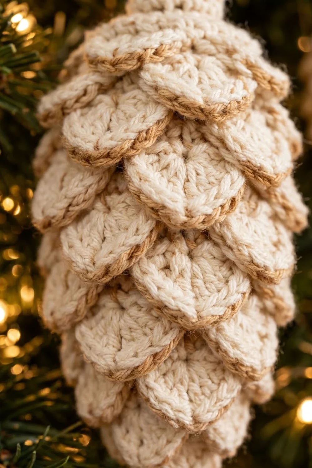 Cream and tan crocheted pine cone ornament with textured scales against warm golden lights and greenery.