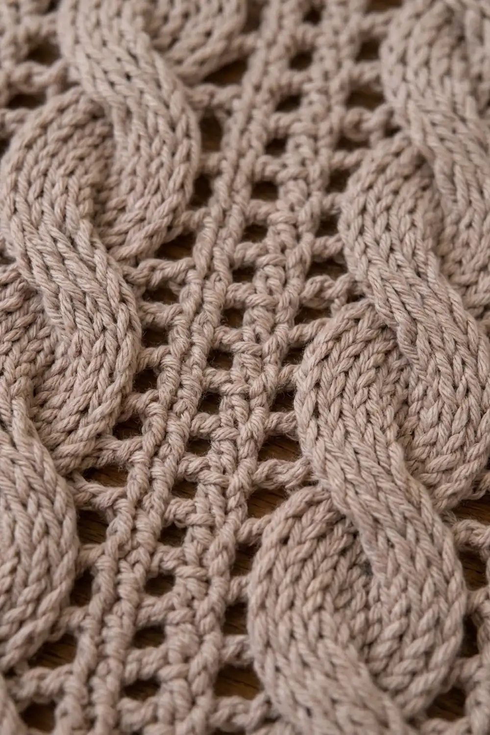 Close-up of cream crocheted lace showing openwork pattern with textured, dimensional yarn strands.