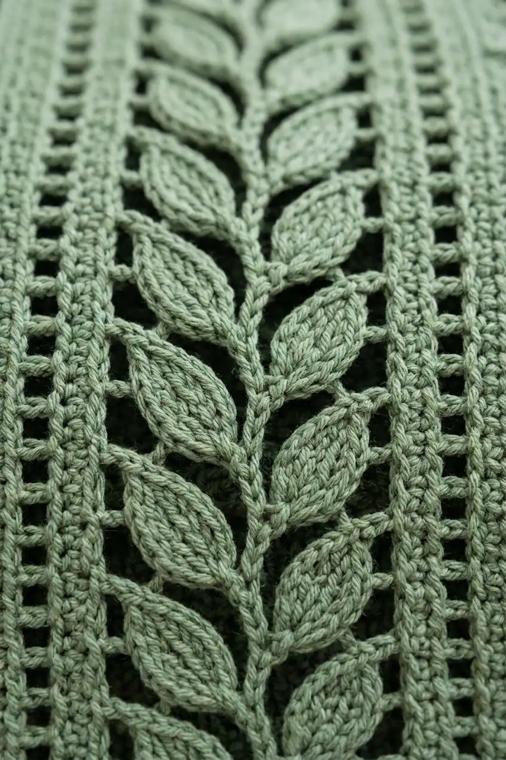 Close-up of sage green crochet with textured leaf motifs and openwork mesh pattern.
