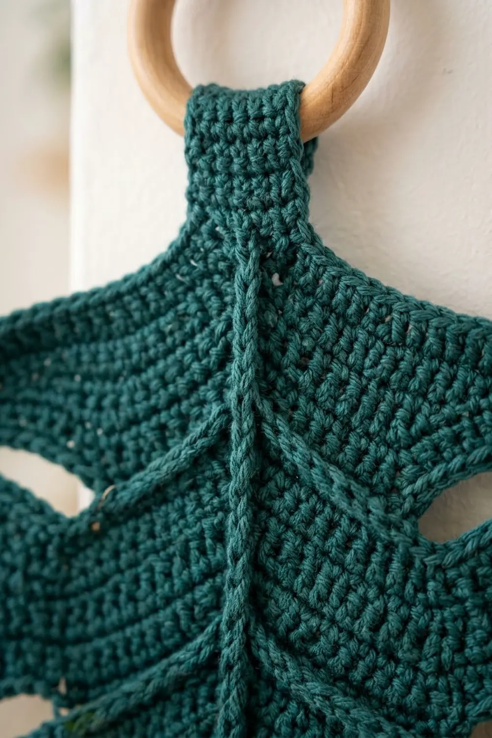 Deep teal crocheted fabric with intricate stitch detail displayed on a natural wooden hanger.