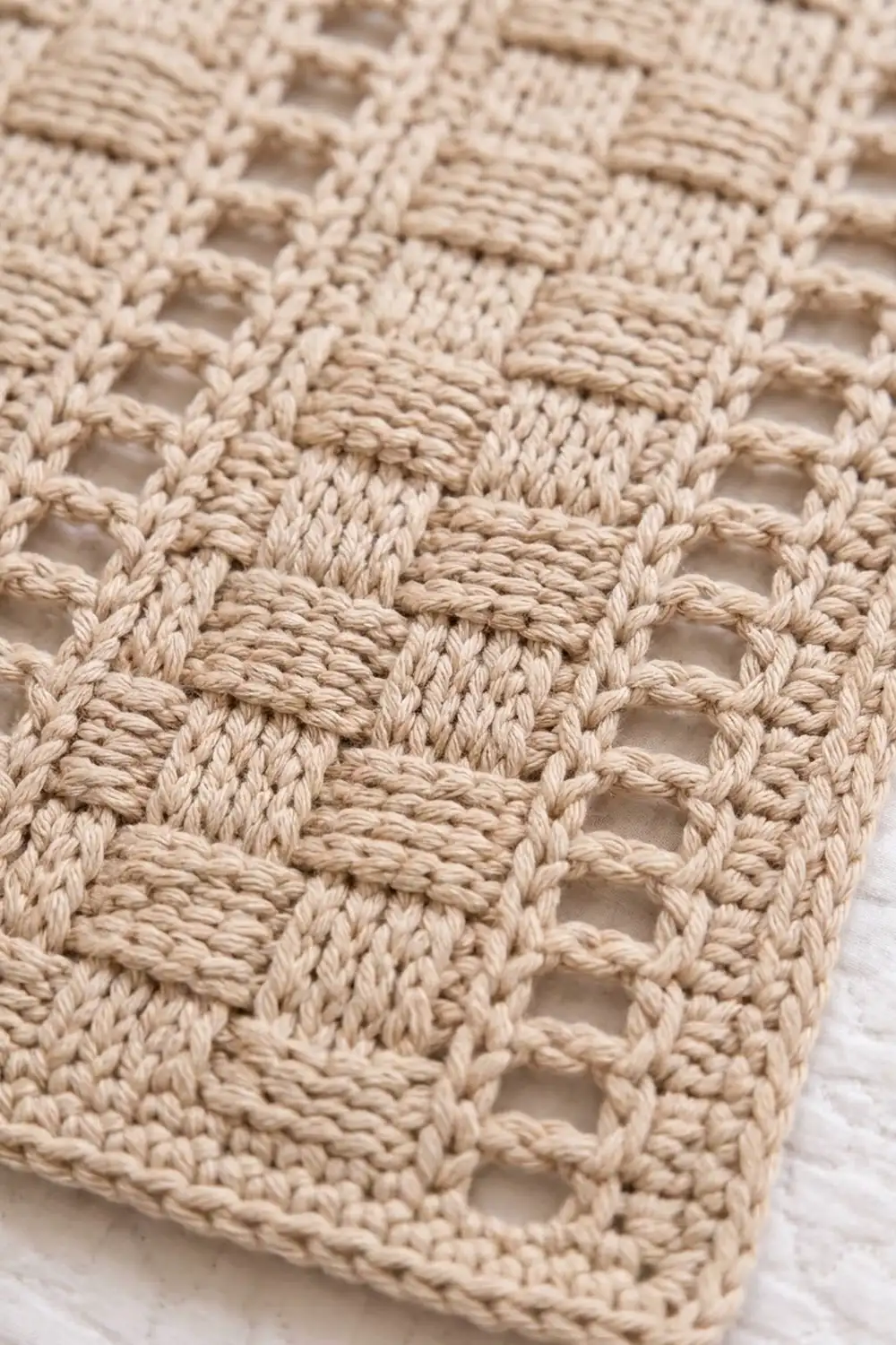 Close-up of cream-colored crochet with open lacy stitches and dimensional texture on white surface.