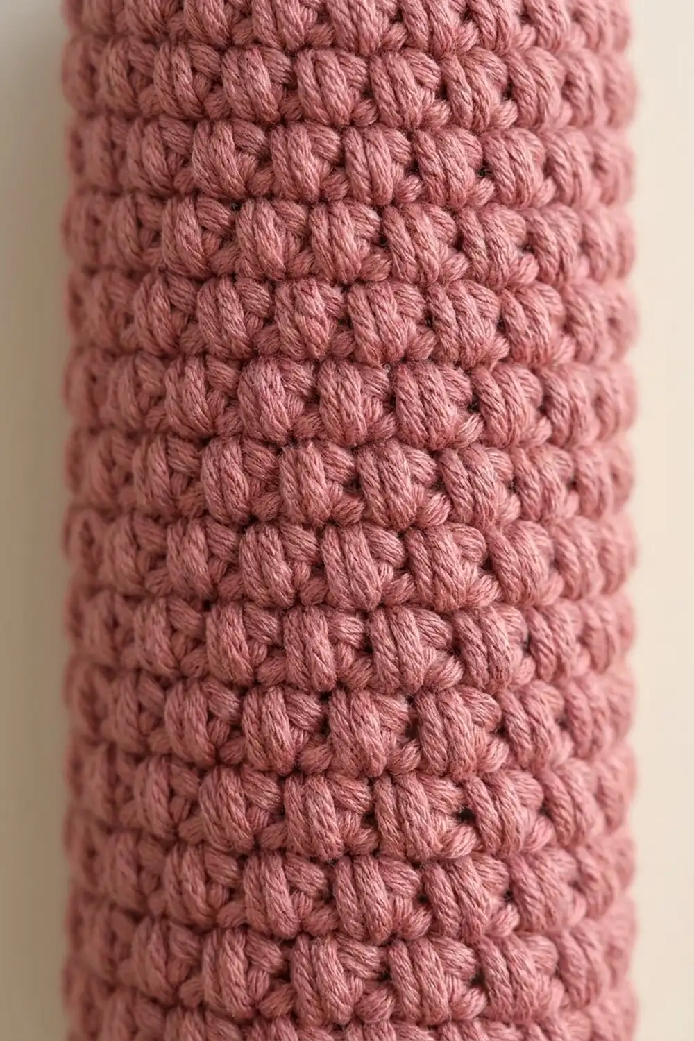 Dusty rose crocheted fabric with dimensional bumpy stitches photographed against a neutral cream background.