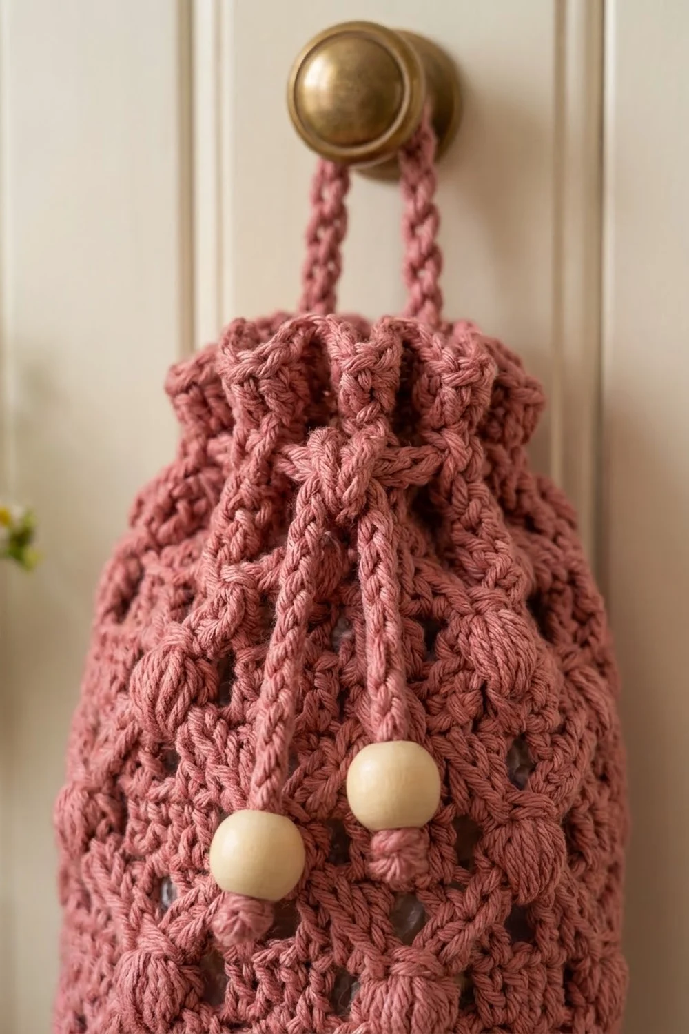 Close-up of a mauve crocheted drawstring bag with gold clasp, braided handles, and hanging ivory ball charms.