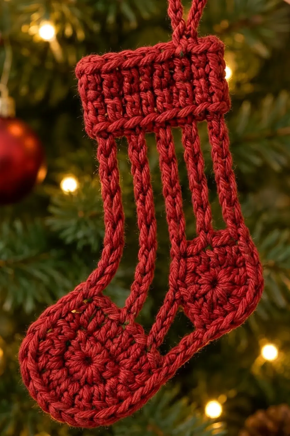 A red crocheted Christmas stocking ornament hangs against evergreen branches and warm glowing lights.