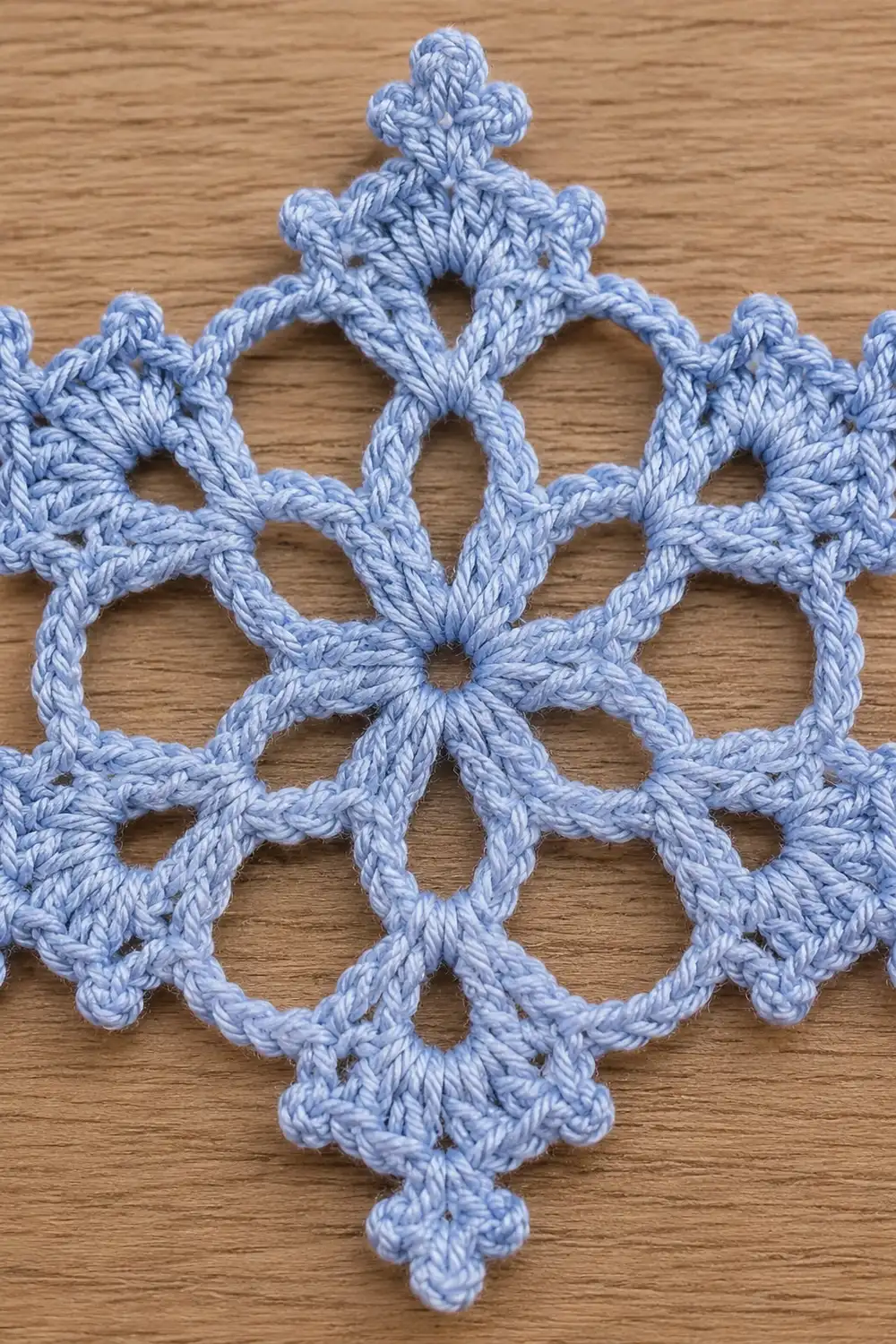 A light blue crocheted snowflake ornament with intricate lace patterns displayed on a wooden surface.