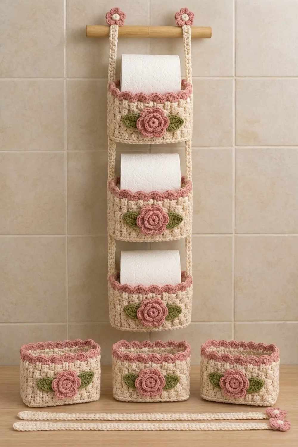 Crocheted toilet paper organizer with cream pockets, mauve pink roses, and green leaves hung on a wooden dowel rod.