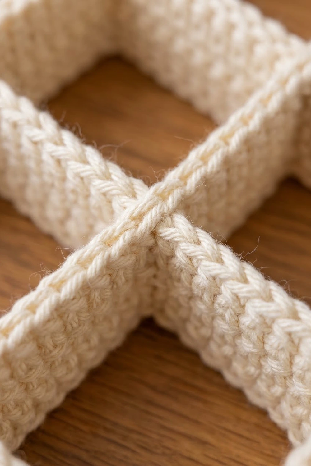 Close-up of a cream-colored square knot in natural cotton rope on a warm wooden surface.