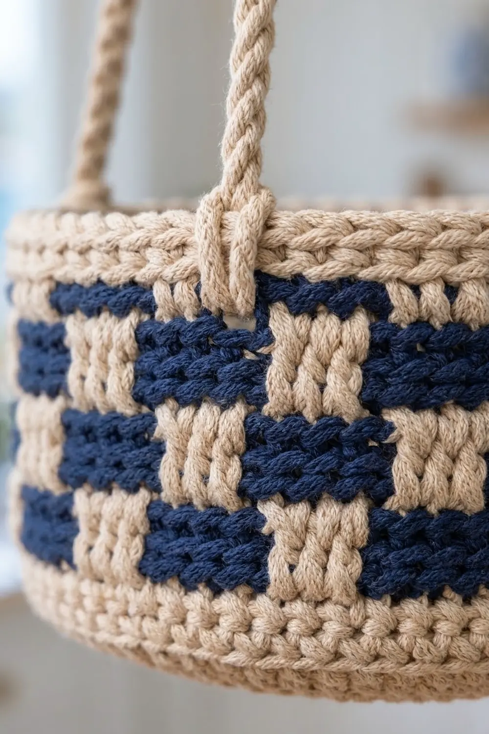 Crocheted basket in cream and navy with rope handles, showcasing detailed stitching and bold striped pattern.