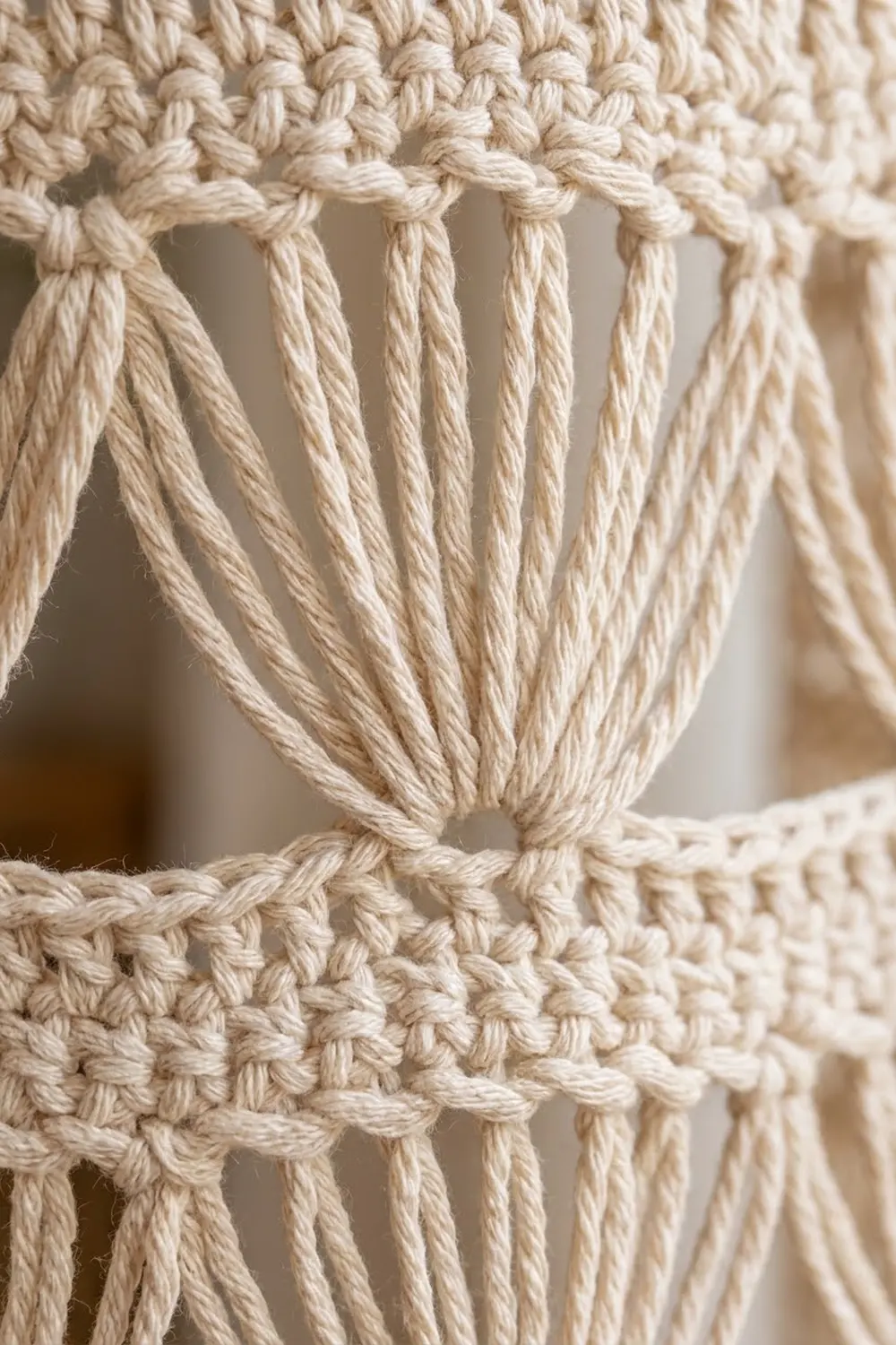 Close-up of cream macramé rope with twisted strands tied in decorative knots against textured crochet background.