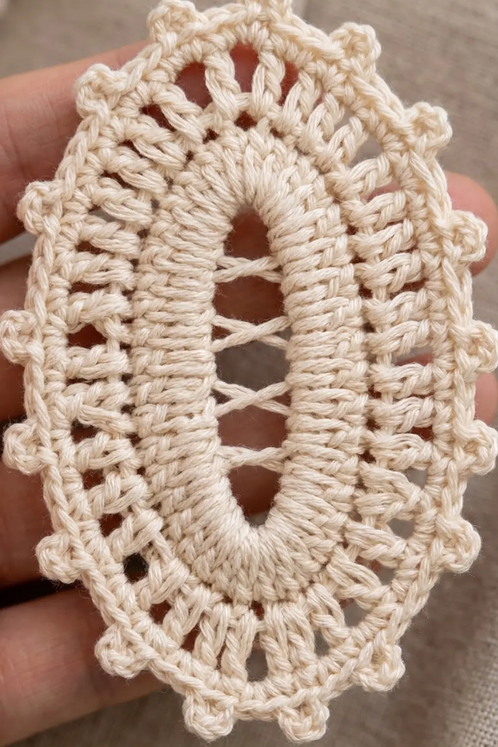 Cream-colored crocheted lace motif with bumpy bobble stitch texture held in hands against neutral background.
