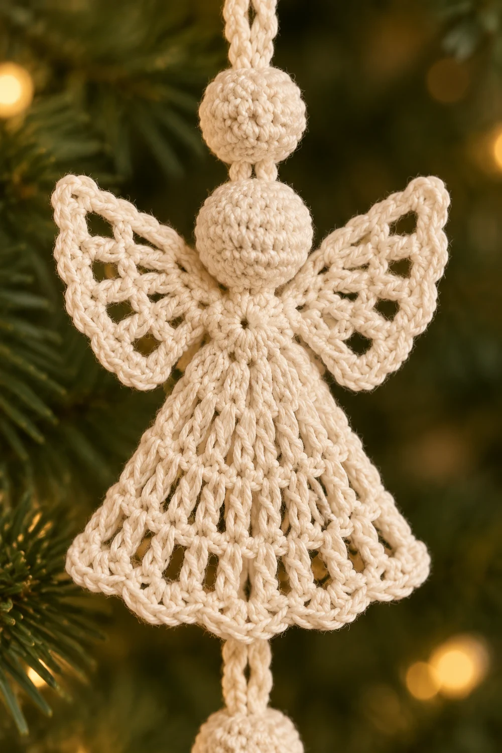 A crocheted cream-colored angel ornament with lacy wings and beaded details hangs from an evergreen branch.
