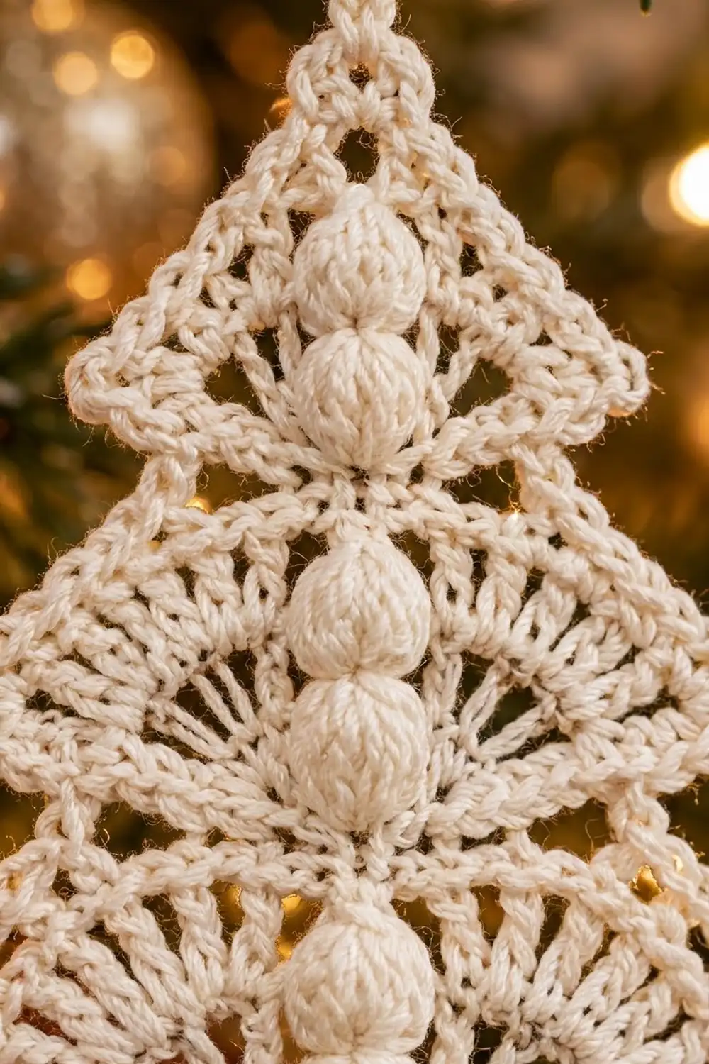 Cream-colored crocheted tree ornament featuring textured bobble stitches and hanging spheres against warm golden bokeh lighting.