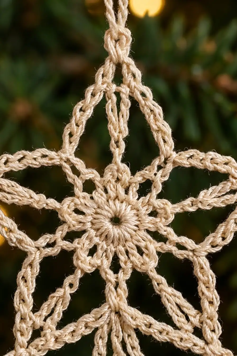Close-up of a natural-fiber crocheted star with detailed geometric knotwork suspended against a softly blurred green background.