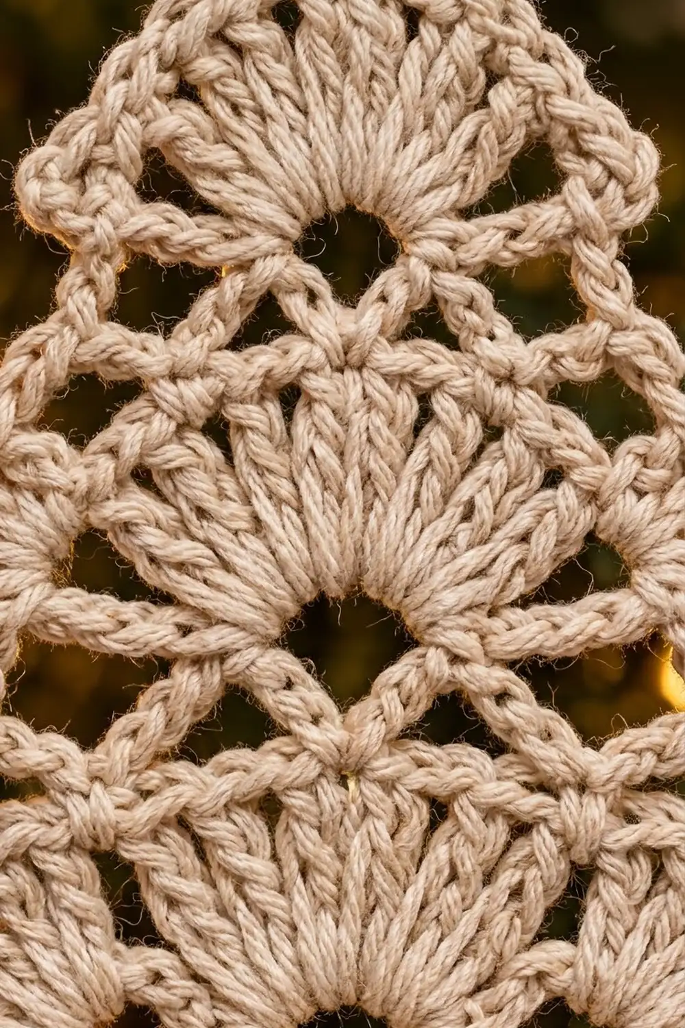 Close-up of cream-colored twisted rope forming a diamond lattice pattern against a dark blurred background.