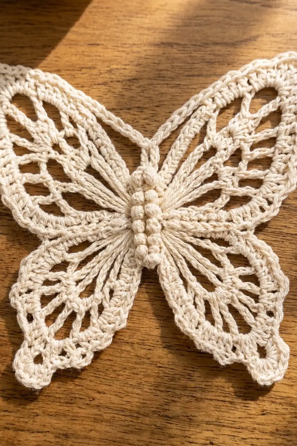 Delicate cream-colored crocheted butterfly featuring intricate lace wings displayed on golden-brown wooden surface.