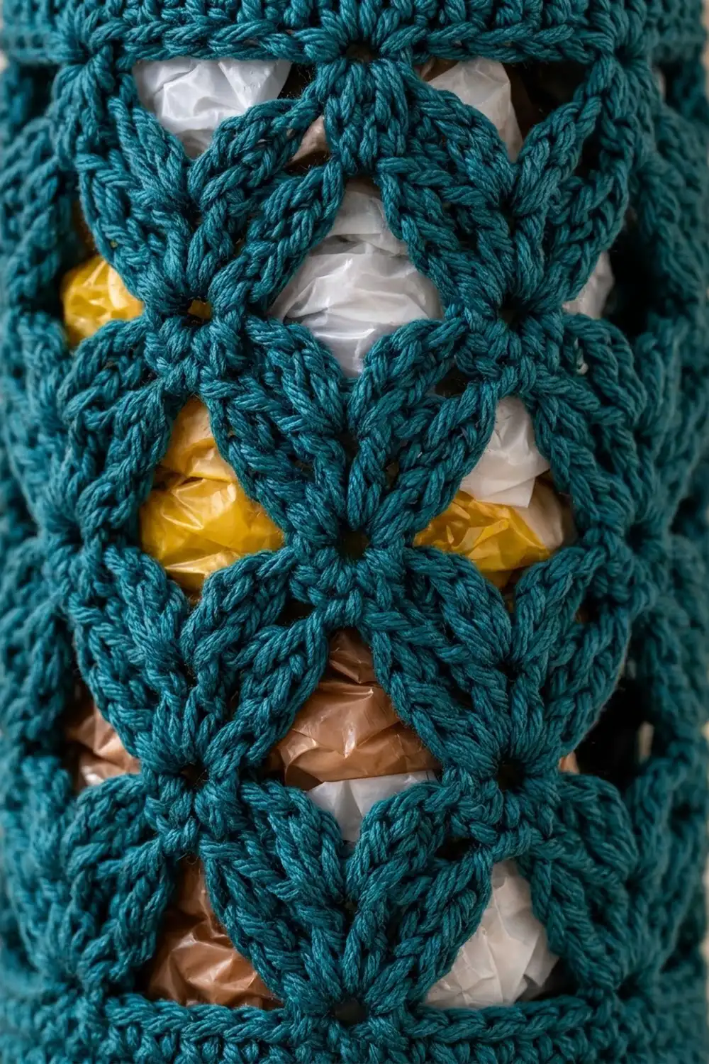 Close-up of teal crocheted mesh showing detailed stitching with visible yellow, white, and brown packaging inside.