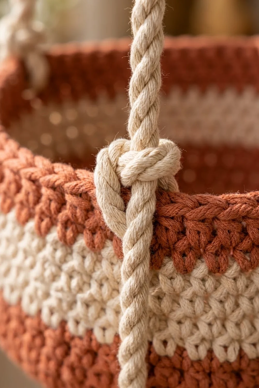 Tied cream rope secured with a knot on rust and cream crocheted fabric with horizontal stripes.
