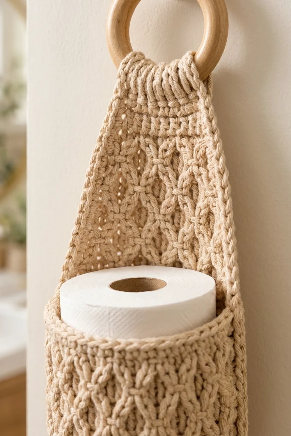 Beige crocheted toilet paper holder with detailed lacy texture and wooden ring handle holds a white roll.
