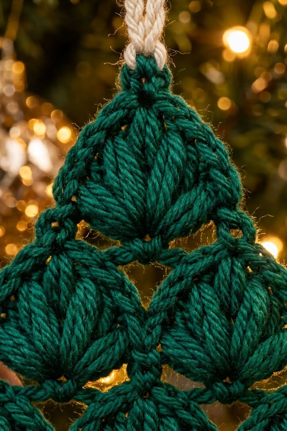 Dark green crocheted Christmas tree ornament with layered geometric sections, white string hanger, and golden bokeh background.