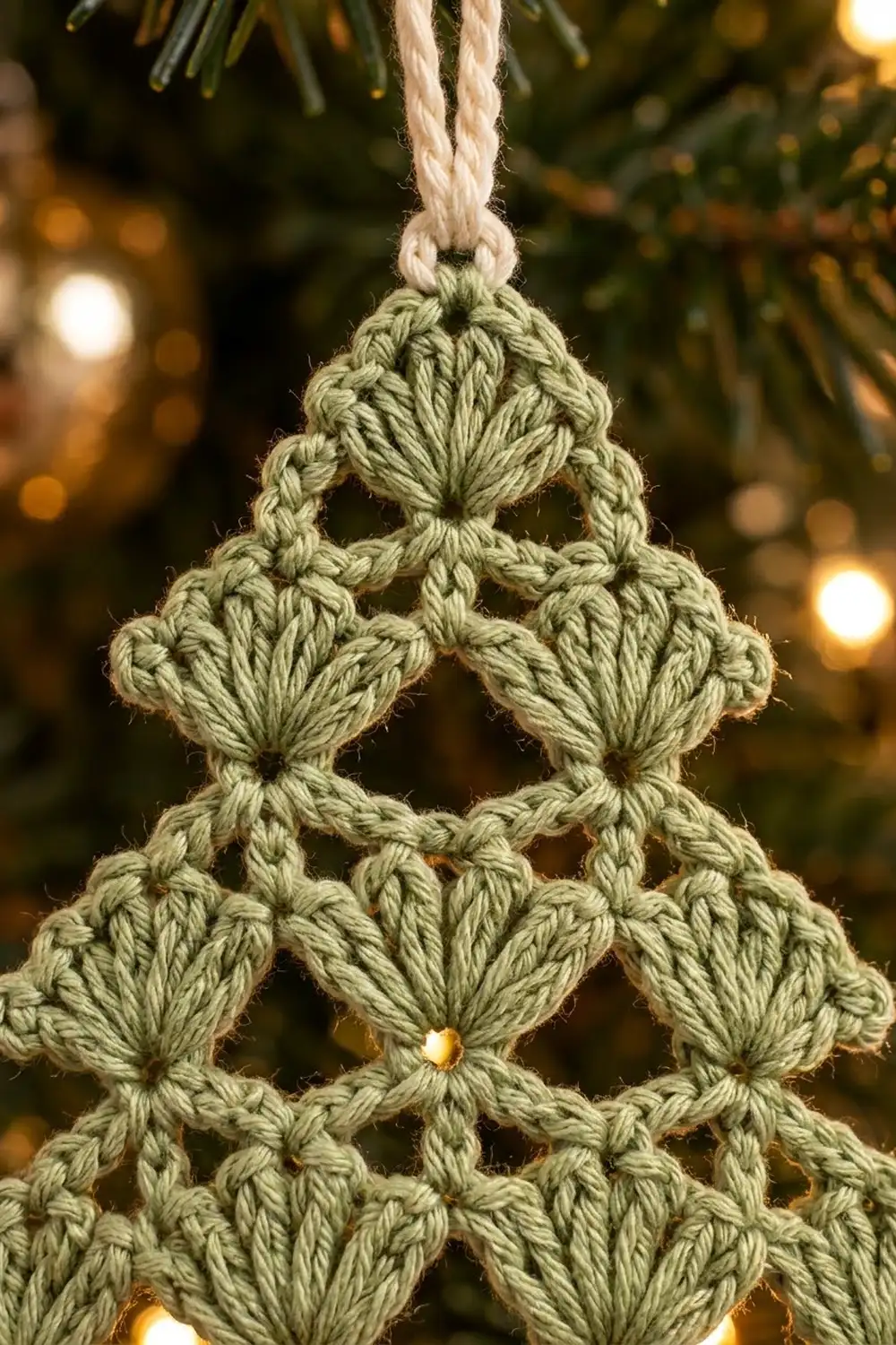 Crocheted tree ornament in pale green yarn with white cord, hanging before blurred holiday lights and evergreen garland.