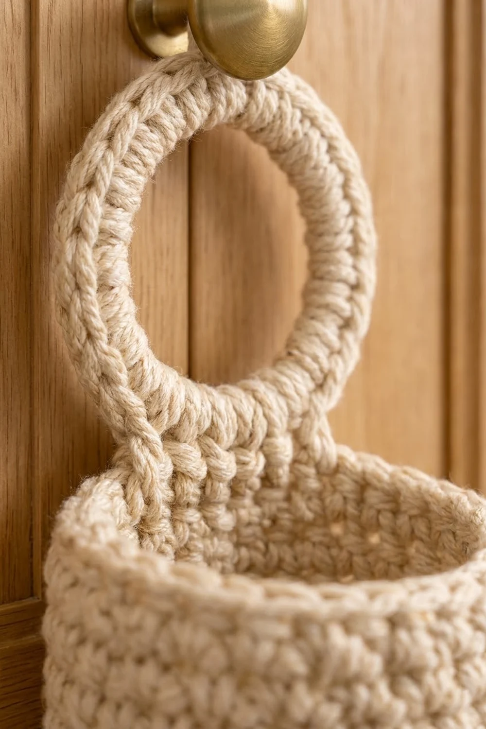Close-up of twisted cream-colored rope coiled around a brass ring fixture on wooden door paneling.