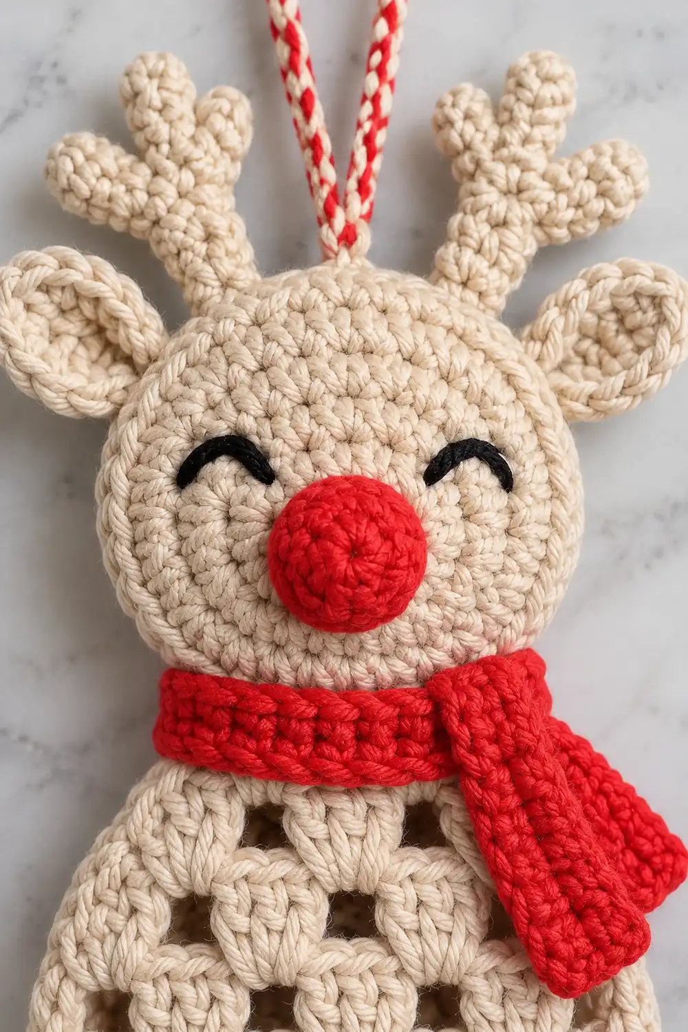 A crocheted reindeer ornament with a cream body, red nose, black eyes, and red scarf hanging from a red and white cord.