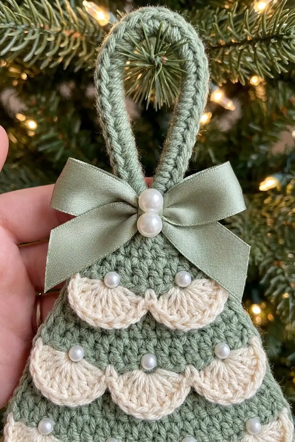 Hand-held crocheted sage-green Christmas tree ornament with cream scalloped trim, pearl beads, and ribbon bow against lit evergreens.