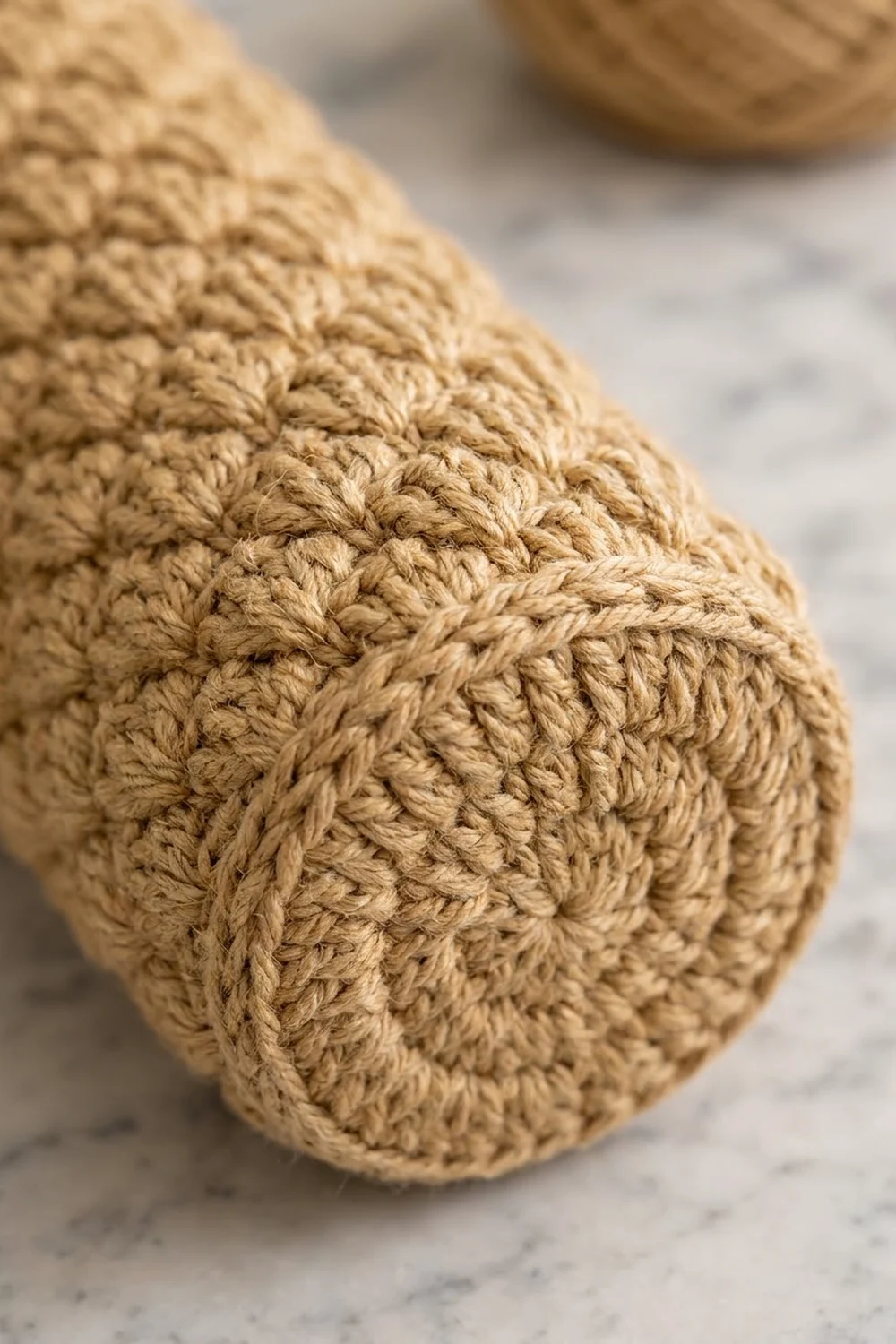 Tan crocheted ball with detailed bumpy stitch texture on a light marble surface.
