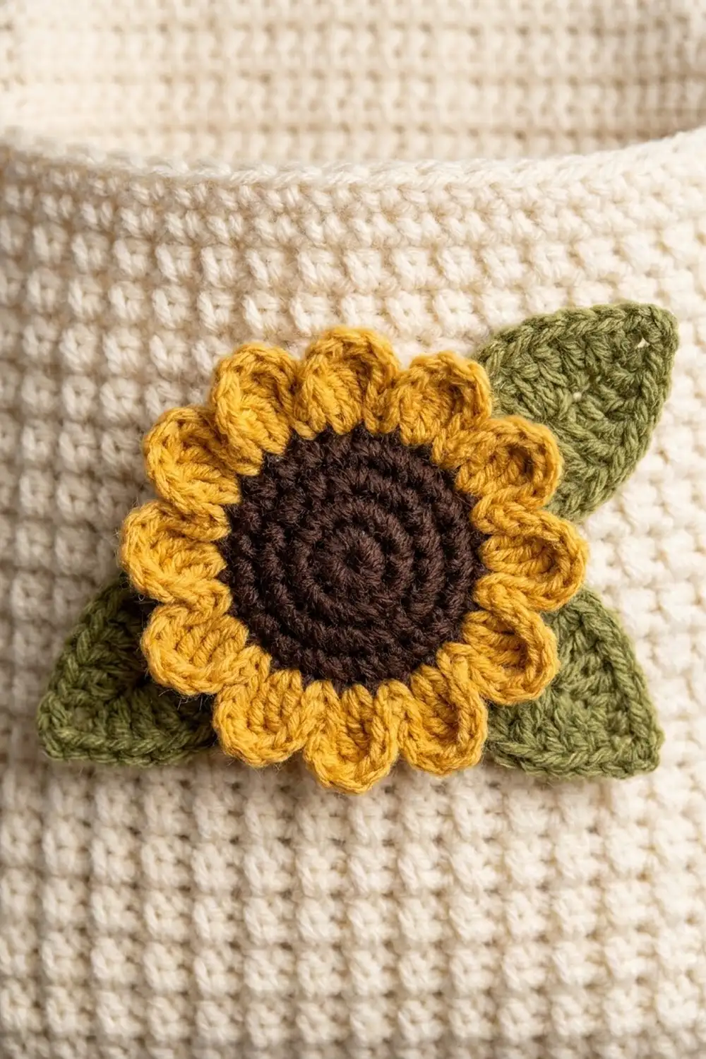 Golden crocheted sunflower with dark brown center and green leaves positioned on soft cream knitted fabric.