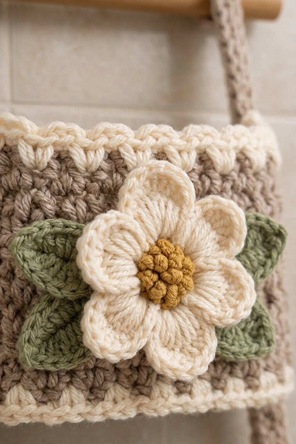 Close-up of a white crocheted flower with gold center on a beige crocheted base.