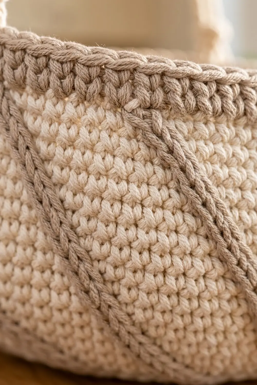 Close-up of crocheted fabric in cream and tan with dimensional bumpy stitches and a darker trim edge.