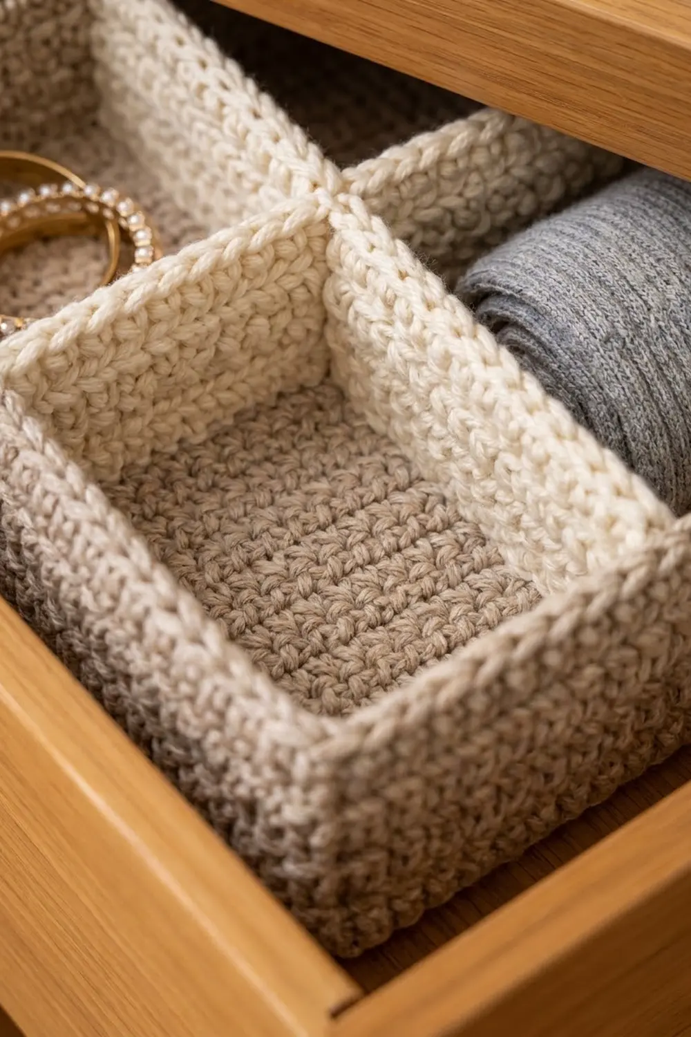 Cream-colored crocheted storage baskets with textured stitching displayed on natural wooden shelving.