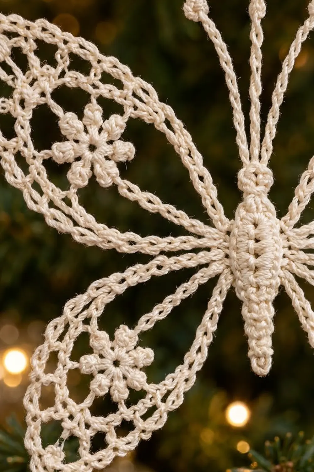 Delicate white crocheted snowflake ornament with intricate lace patterns against a blurred background of golden bokeh lights.