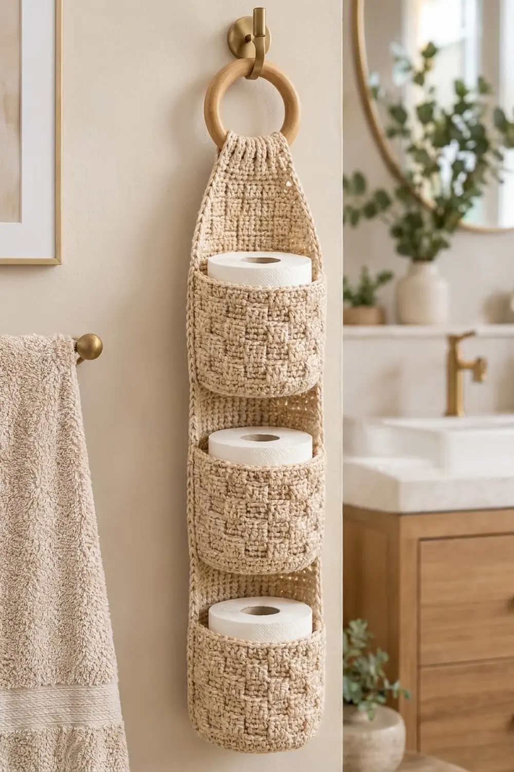 Cream-colored crocheted toilet paper holder with three compartments hanging from wooden ring on bathroom wall.