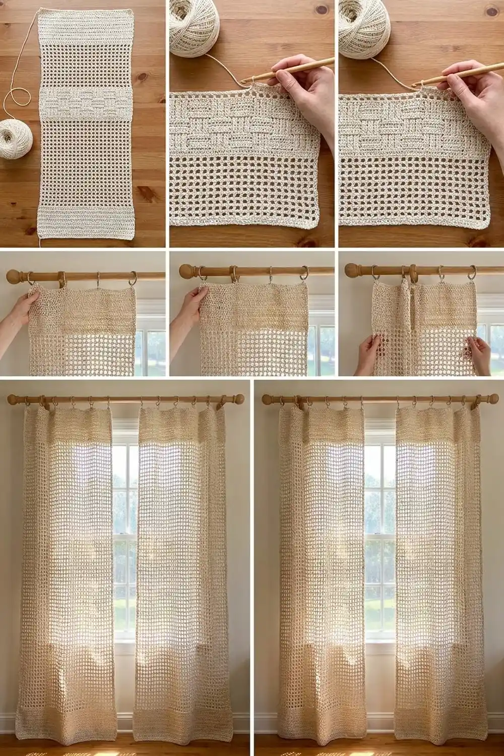 Cream-colored crocheted textile displaying alternating solid and mesh stitch patterns with visible thread texture.