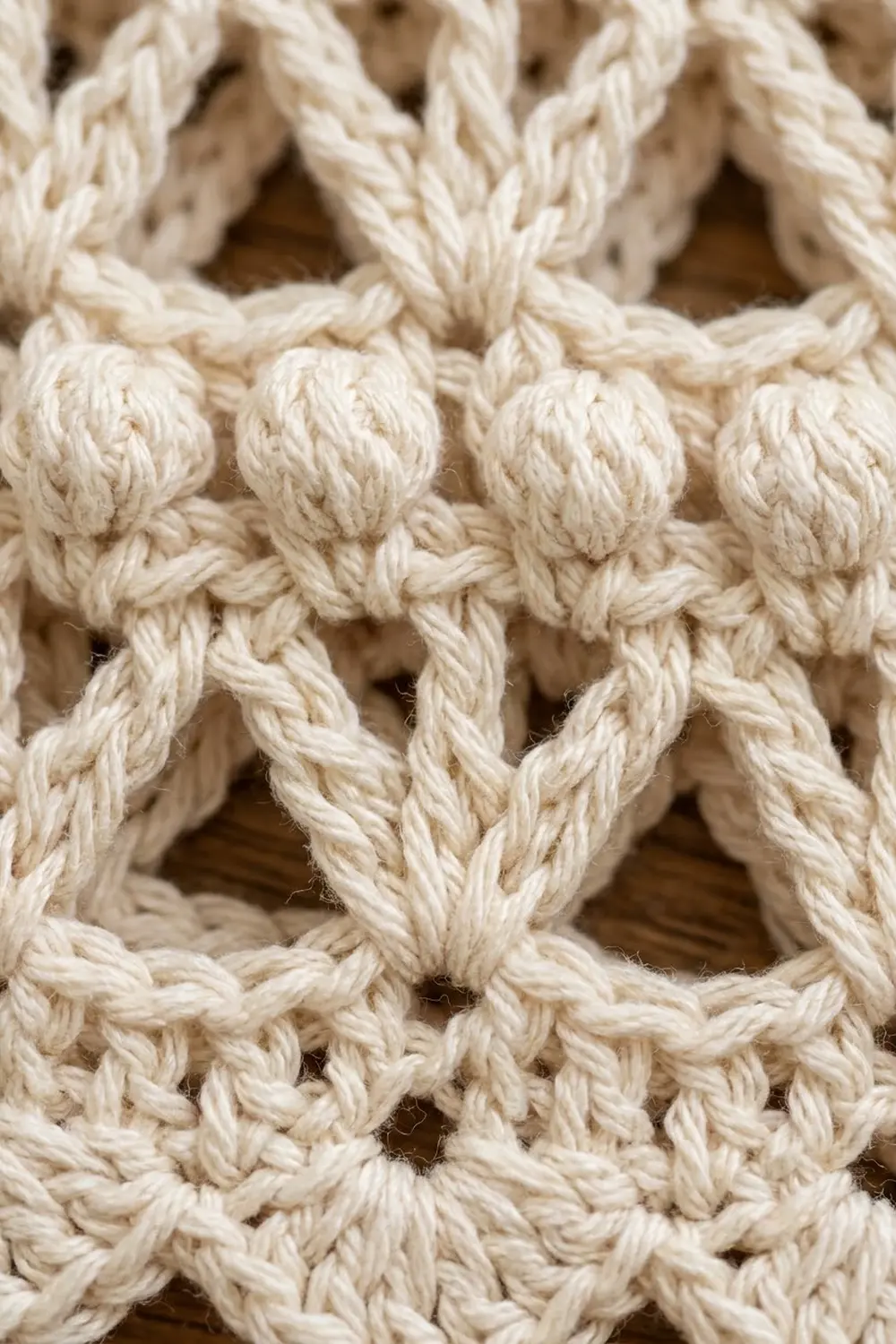 Close-up of cream-colored crocheted fabric with raised bobble stitches creating dimensional texture.