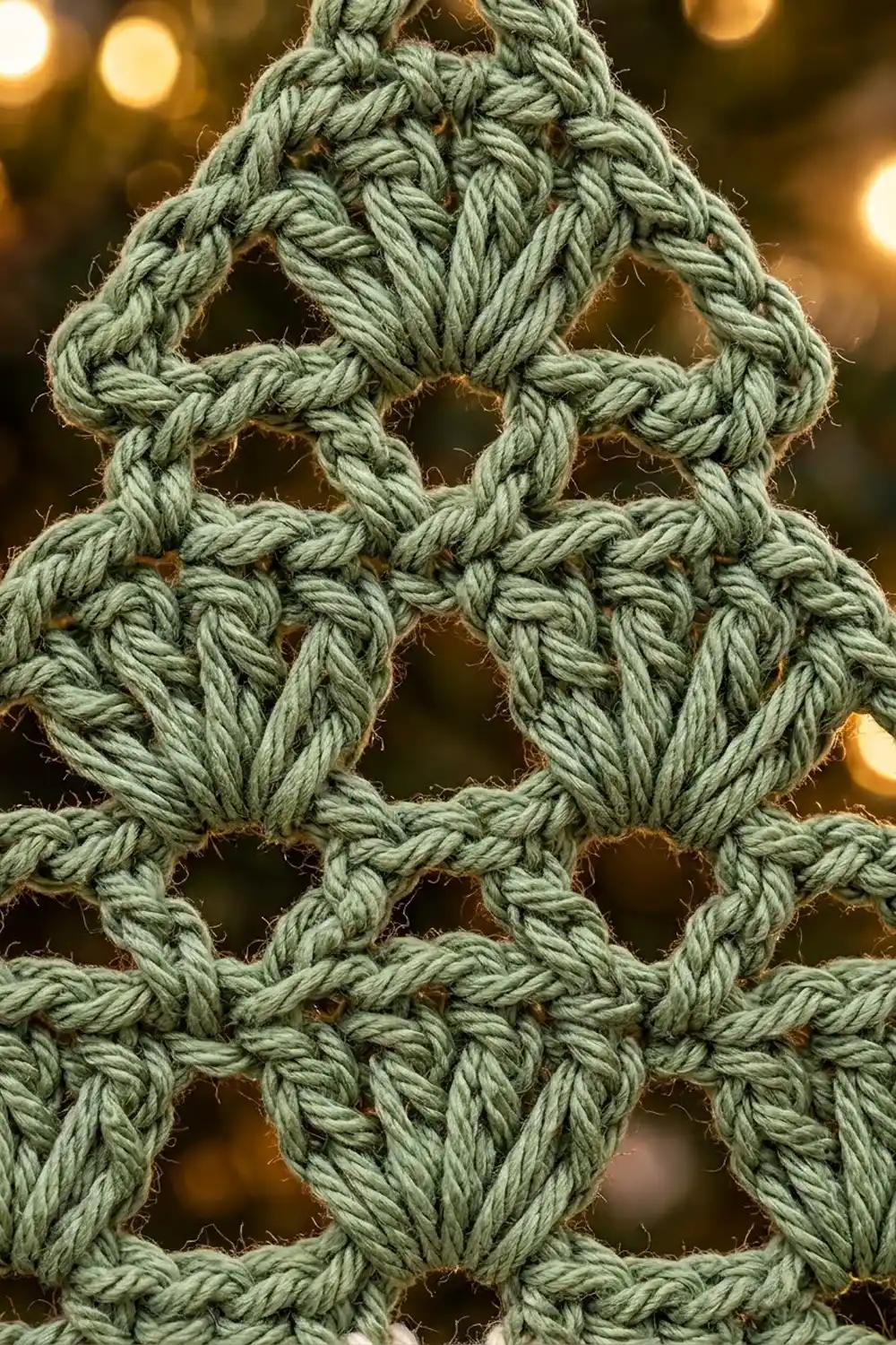 Sage green crocheted fabric with interlocking geometric loops photographed against a blurred backdrop of warm golden lights.