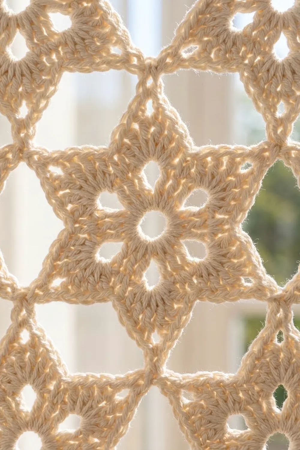 Backlit crocheted lattice with geometric star-shaped openings in cream jute, with blurred greenery visible behind.
