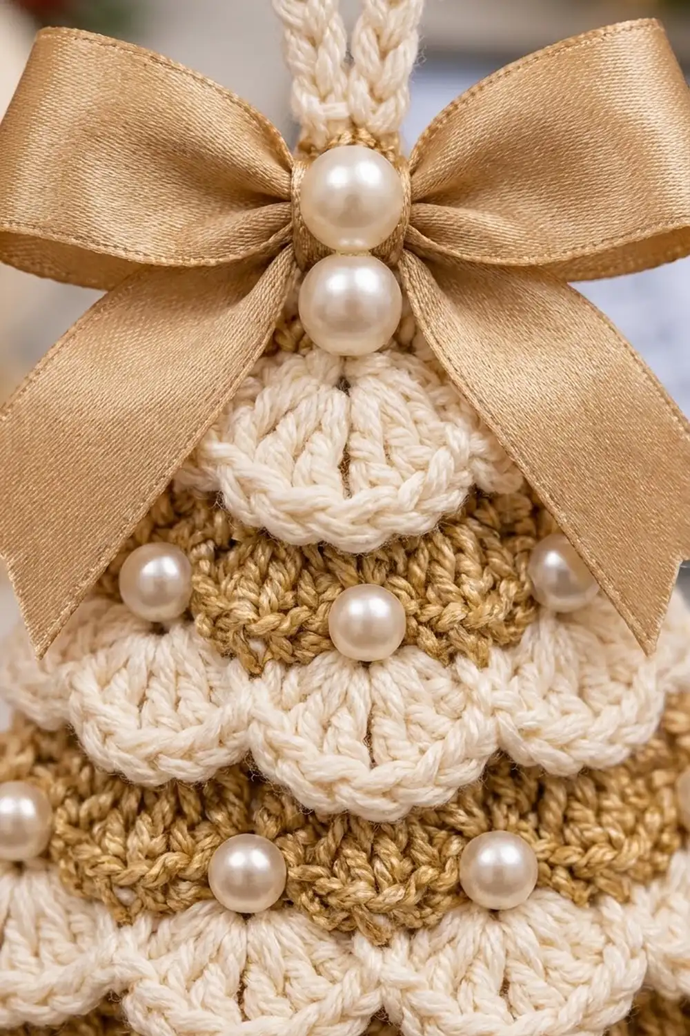 Gold and cream crocheted pear with scalloped edges, silk bow, and pearl bead embellishments.