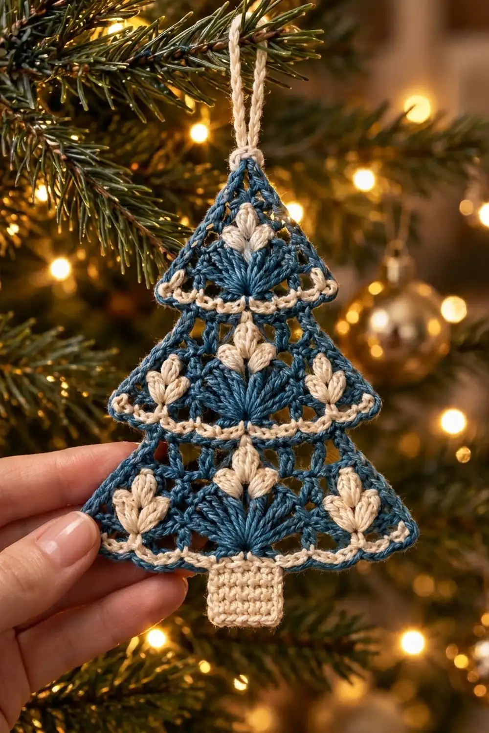 Hand-crocheted navy and cream Christmas tree ornament with decorative bands, held against an evergreen branch with golden string lights.