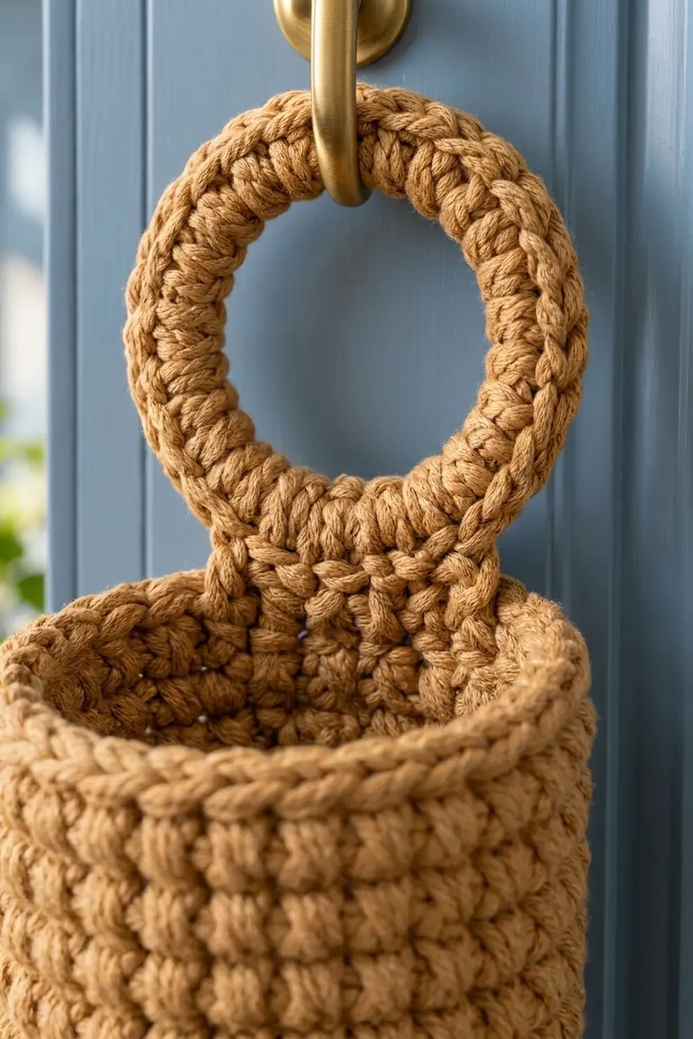 Woven tan rope basket with brass hanging ring against a soft blue paneled wall.