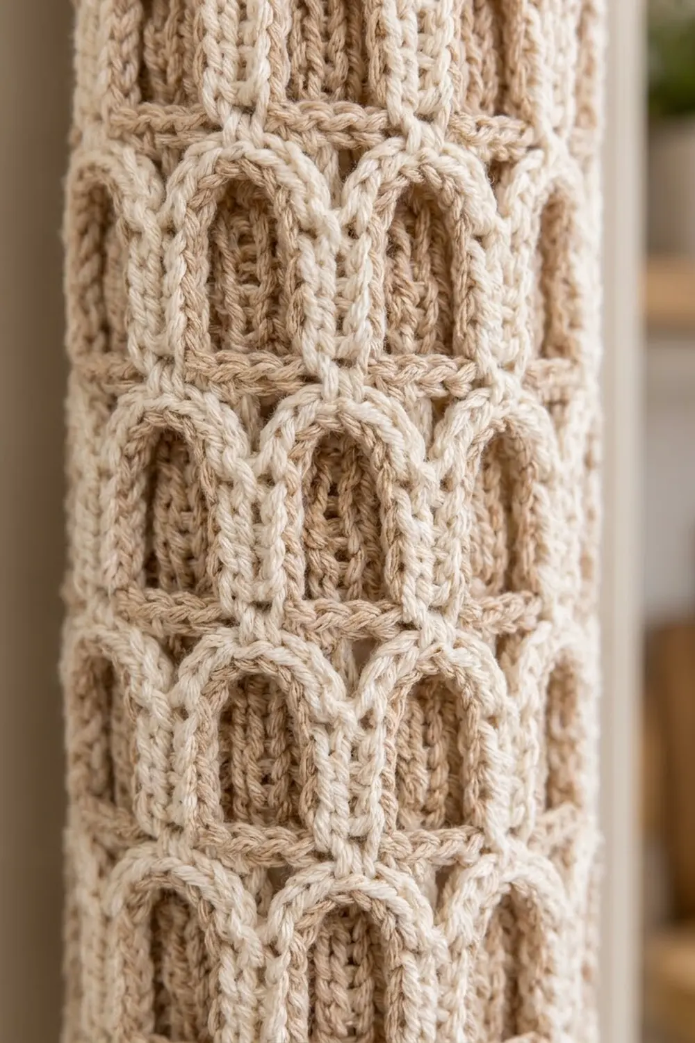 Cream-colored crocheted fabric with raised diamond and rectangular patterns creating dimensional texture and depth.