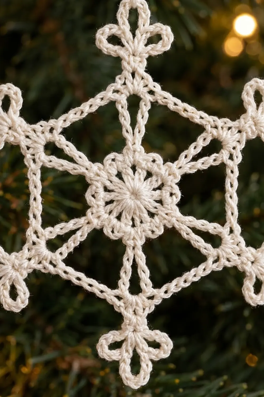 A white crocheted snowflake ornament with geometric lattice pattern hangs against blurred green foliage and golden lights.