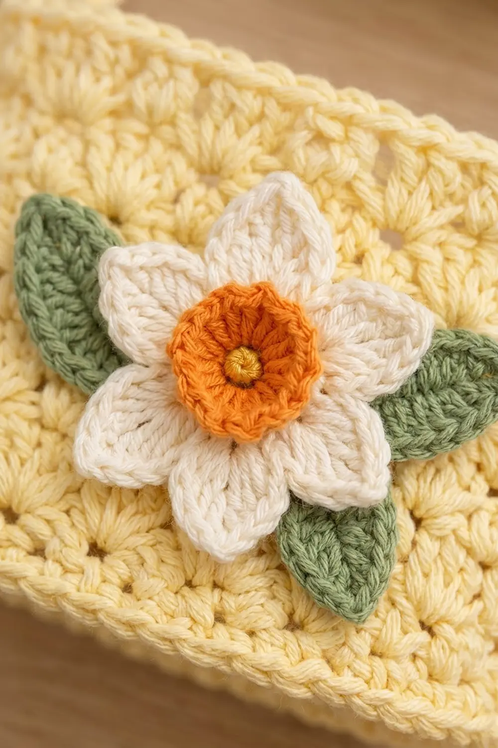 Crocheted white daffodil with orange center and green leaves on a pale yellow textured crochet background.