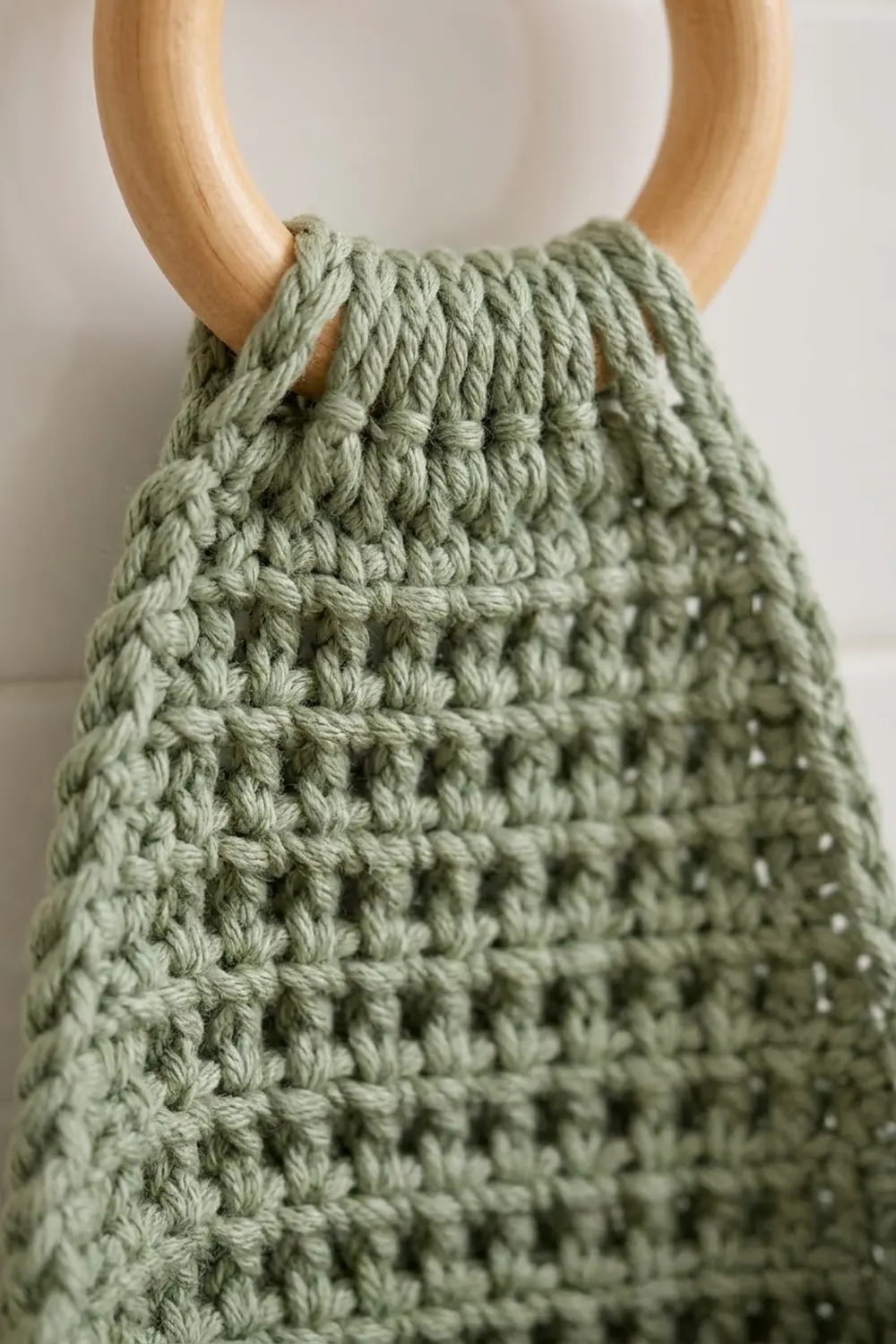 Close-up of sage green crocheted tote with textured stitch pattern, suspended from natural wooden handles.